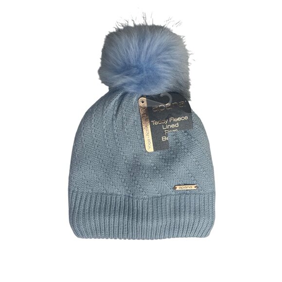 Apana Winter Hat Teddy Fleece Lined Womens OS Blue New Pom Beanie - Picture 1 of 9